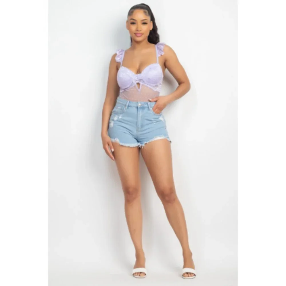 Lavender Cut-out Cami Ruffled Sleeveless Lingerie See Through Mesh Bodysuit